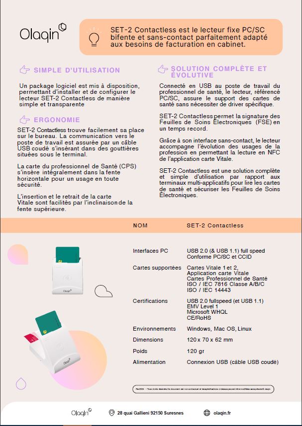 Lecteur vitale OLAQIN SET-2 ContactLess ( bifente et sans contact )